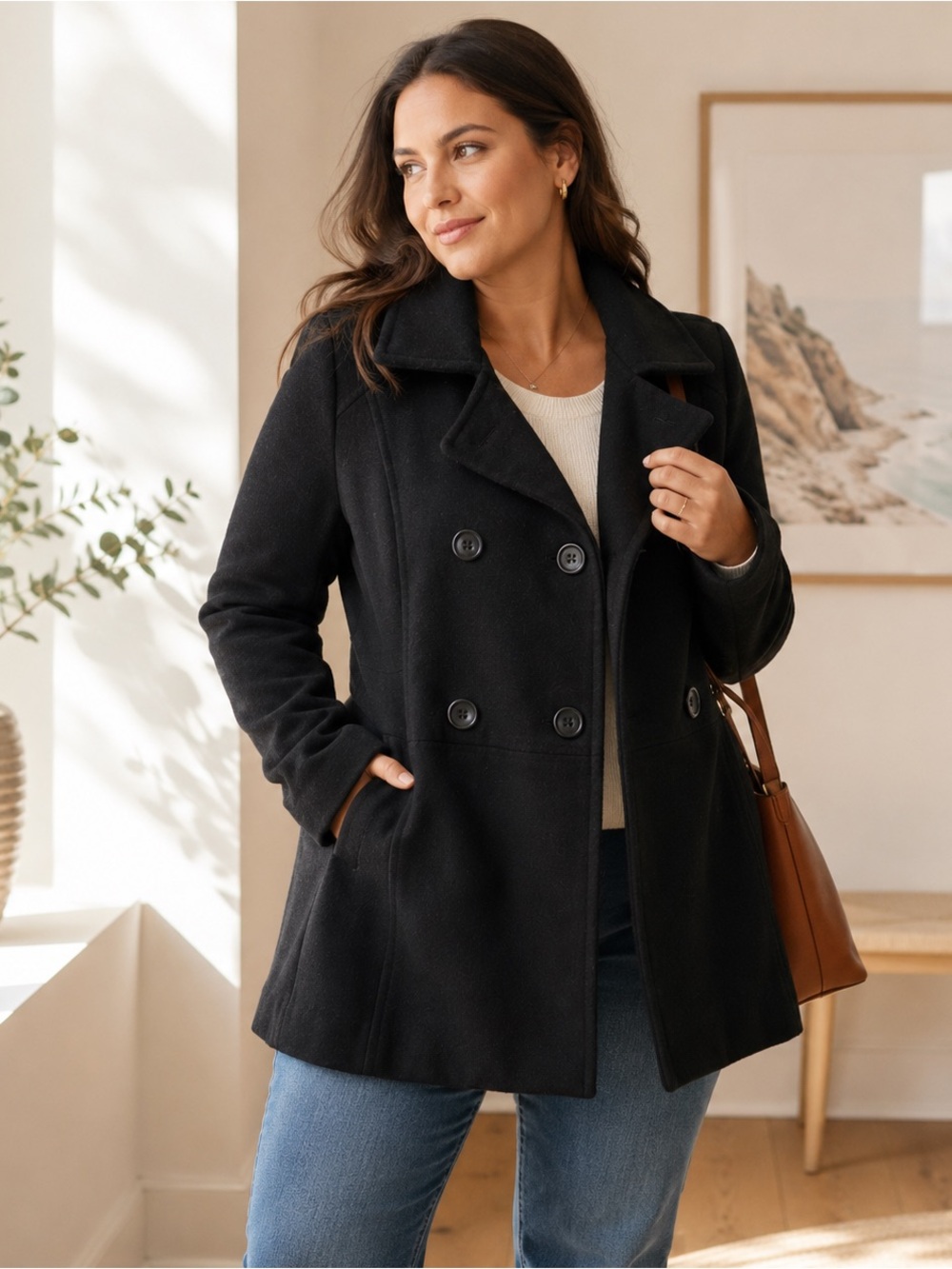 Black Double Breasted Peacoat Women’s Tailored Fit Flare Jacket Coat Large